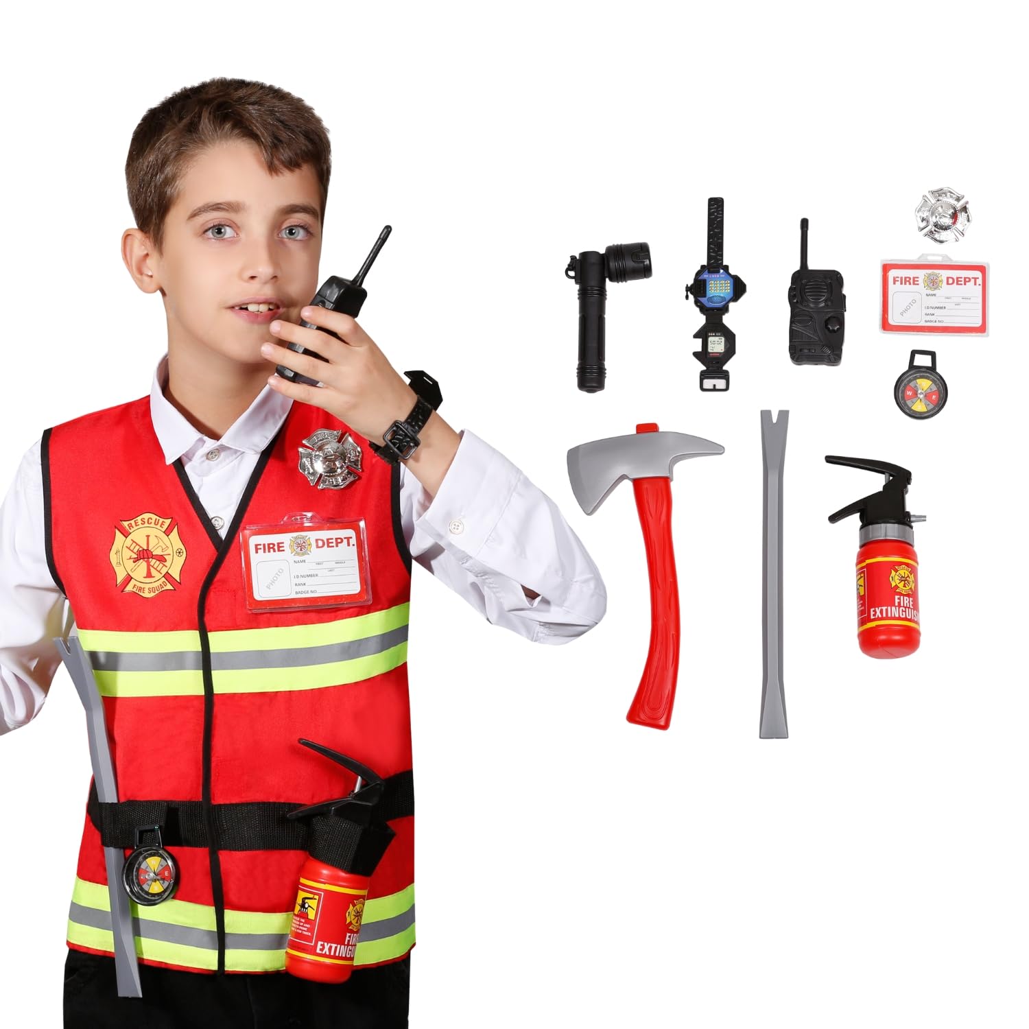 Kids Fireman Costume Firefighter Jacket Fireman Costume Kids Children Fancy Dress Vest Firefighter Outfit Boys Fire Fighter Dress up Accessories Toddler Roleplay Set Kit Outfit (Small (3-5 Years))
