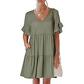 ANRABESS Dresses for Women Summer 2026 V Neck Ruffle Sleeve A Line Tiered Flowy Casual Trendy Mini Beach Dress with Pockets