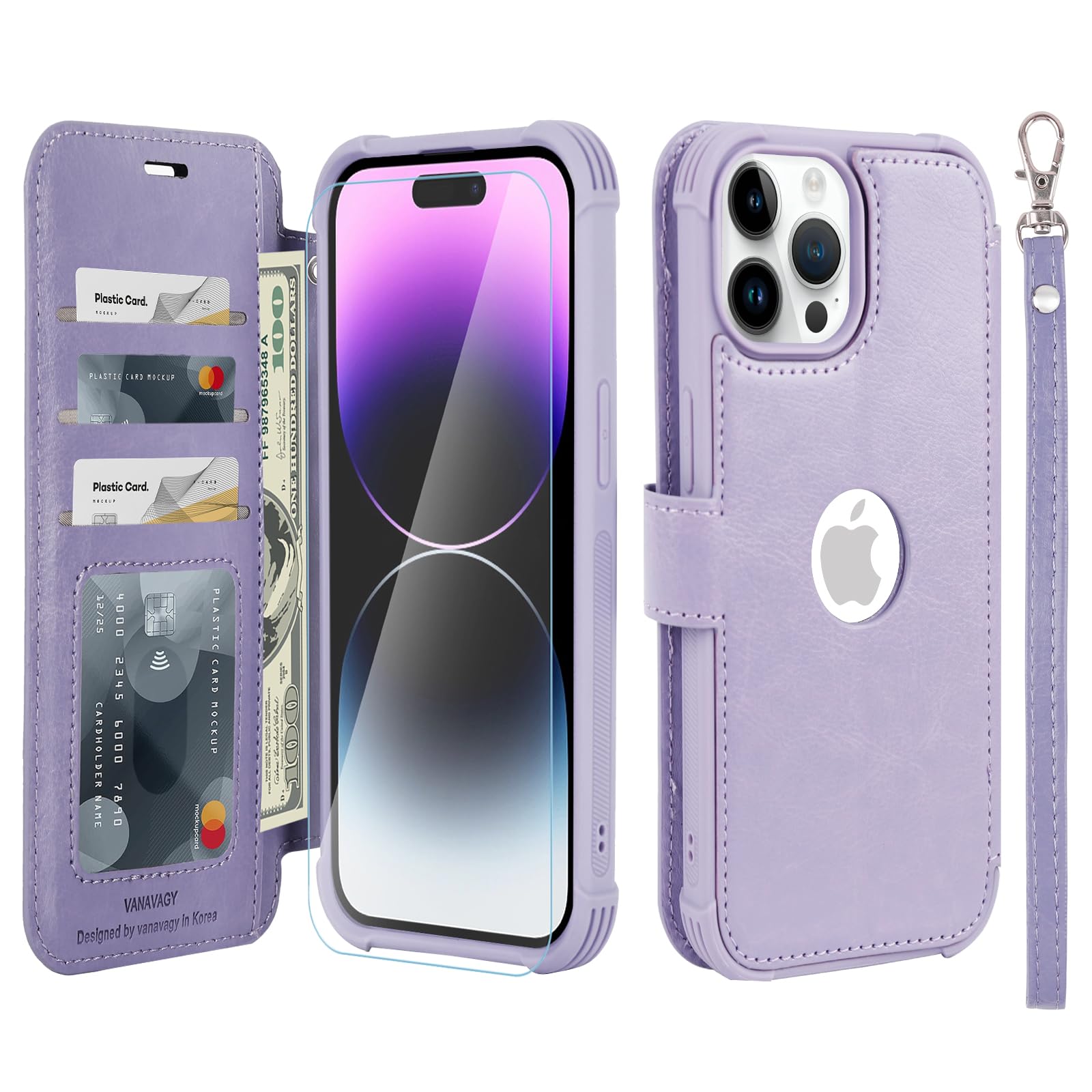 VANAVAGY Compatible for iPhone 14 Pro Max Wallet Case, 12ft Drop Protection, RFID Blocking PU Leather Flip Cover, Card Holder & Kickstand, Shockproof Phone Case for 14 Pro Max-6.7 Inch,Clove Purple
