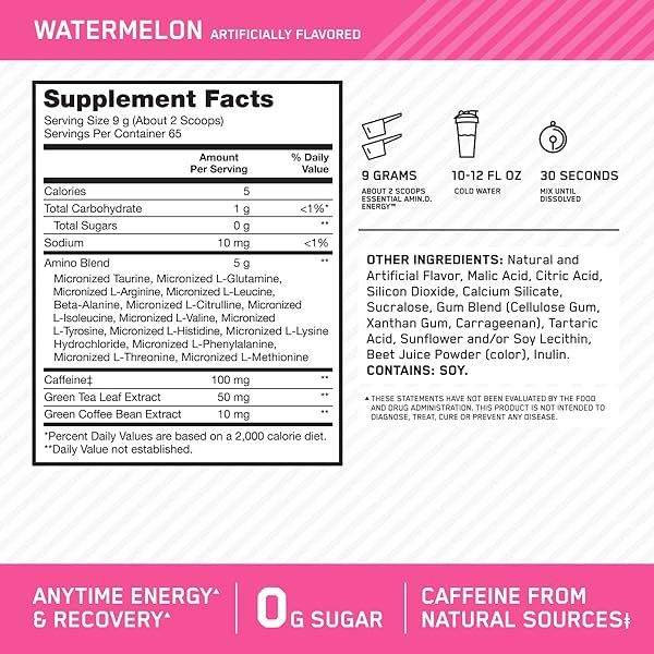 OPTIMUM NUTRITION ESSENTIAL AMINO ENERGY WITH GREEN TEA AND GREEN COFFEE EXTRACT, FLAVOR: WATERMELON, 65 SERVINGS