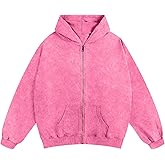 Pairxily Oversized Vintage Cotton Jacket Acid Wash Grunge Basic Zip Up Hoodie For Women Distressed Baggy Long Sleeve Tops