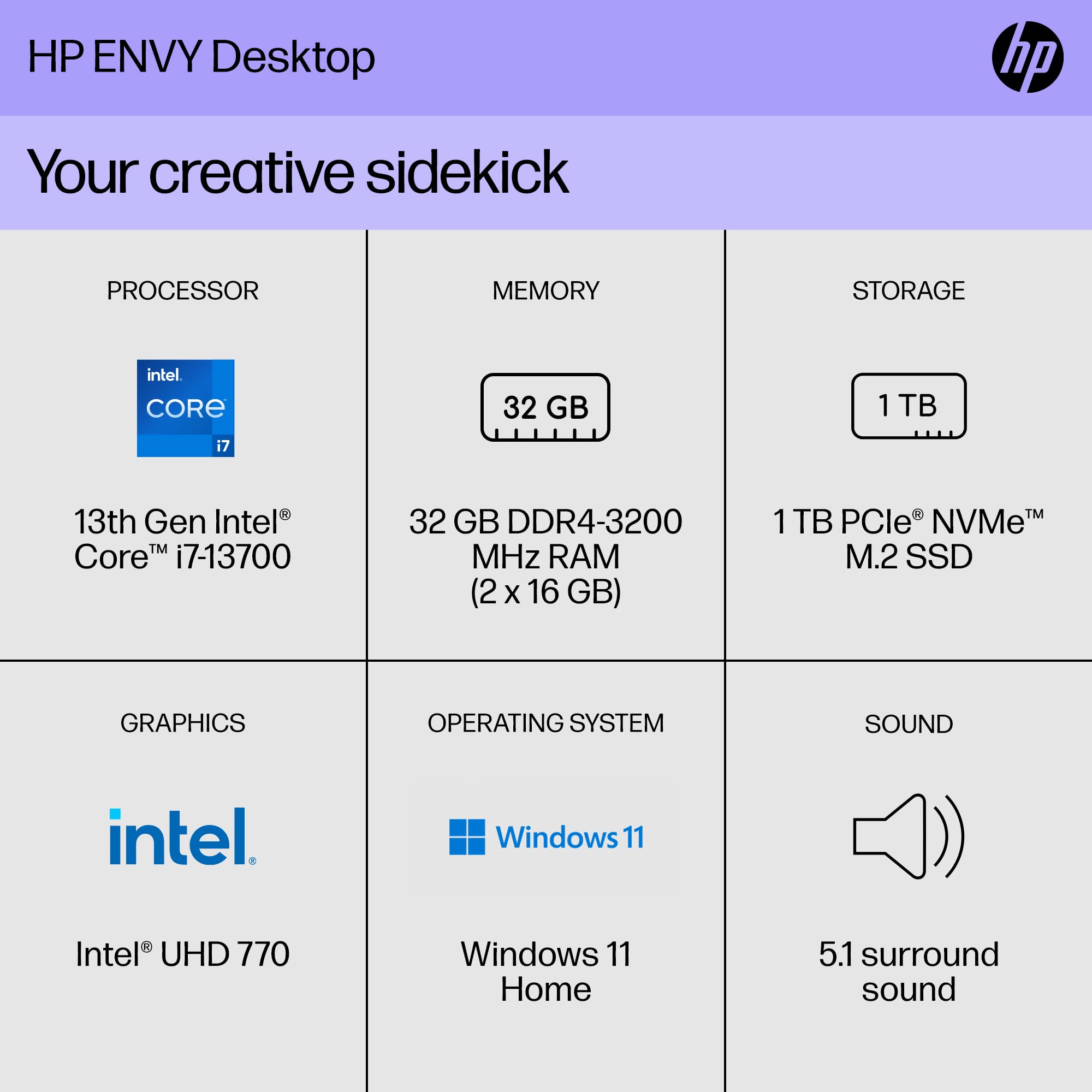 HP Envy Desktop PC, 13th Generation Intel Core i7-13700, 32 GB RAM, 1 TB SSD, Intel UHD Graphics 770, Windows 11 Home, TE01-4020 (2023)