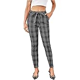 WDIRARA Women's Stretchy Plaid Print Pants Soft Skinny Regular Fashion Leggings
