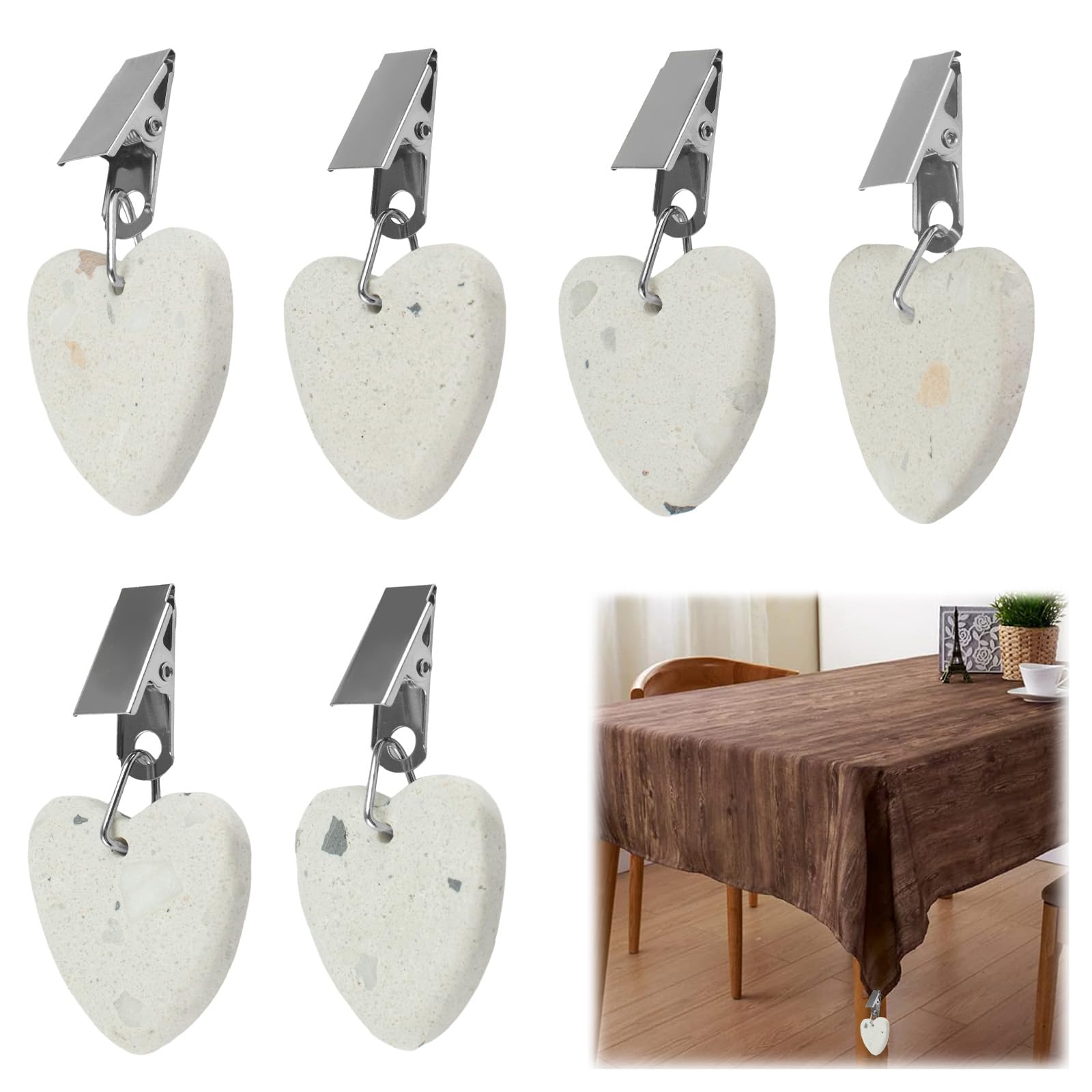 Morobor Tablecloth Weights Clips, 6pcs Tablecloth Weights Heart Shape Stone Tablecloth Weights Metal Clip for Outdoor Picnic Family Dinner Table Decoration (Color Mixing)