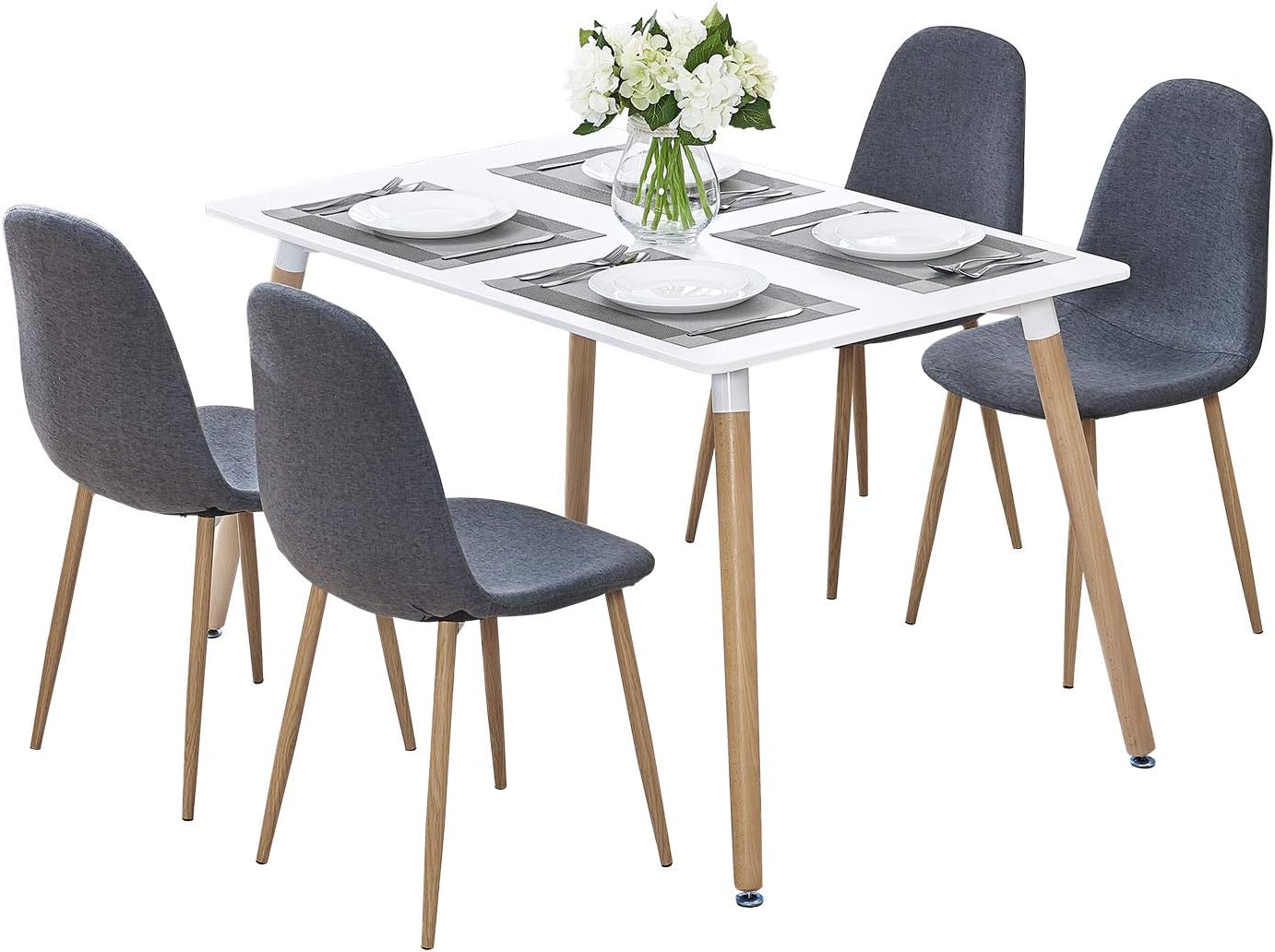 GIZZA Rectangular White Wood Dining Table and 4 Chairs PU Leather Sturdy Metal Legs for Dining Kitchen Lounge Restaurant Office Furniture Set (Dark Grey)