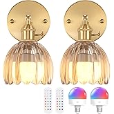 Shenmoyl Vintage Battery Operated Wall Sconce with Amber Tulip Glass Lampshade Rechargeable Battery Powered Wall Light with R