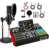 Podcast Microphone Bundle with Live Sound Card Audio Mixer, Podcast Equipment Bundle with 3.5mm BM800 Microphone for Pc/Youtube Live Streaming Singing Gaming, Sound Board with Voice Changer, Denoise