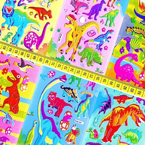 Gudi Toys 6 Sheets Colorful Cartoon Dinosaur 3D Puffy Stickers for Kids and 10 pcs Dinosaur Self-ink Stamps for Preschool Toddlers Childrens Boys Girls Scrapbook Stickers