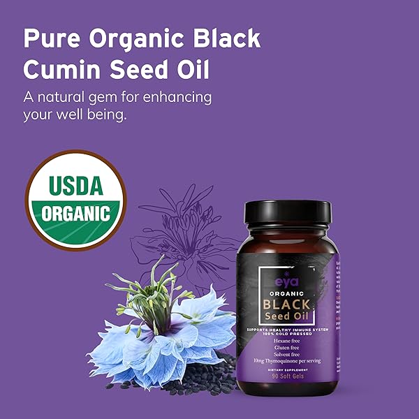 EYA VITAMINS ORGANIC EGYPTIAN BLACK CUMIN SEED OIL (90 SOFT GEL CAPSULES) COLD-PRESSED, UNREFINED, HEAVY METAL TESTED FOR PURITY & QUALITY, SUPPORT HEALTHY GUT BACTERIA & IMMUNE SYSTEM, VEGAN