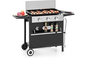 Captiva Designs 27 in Flat Top Griddle Grill with Ceramic Coated Cast Iron Pan, 3-Burner Propane Gas Griddle Grill, 33,000 BTU Output Flattop Grills for Outdoor Barbecue, Cooking and Party