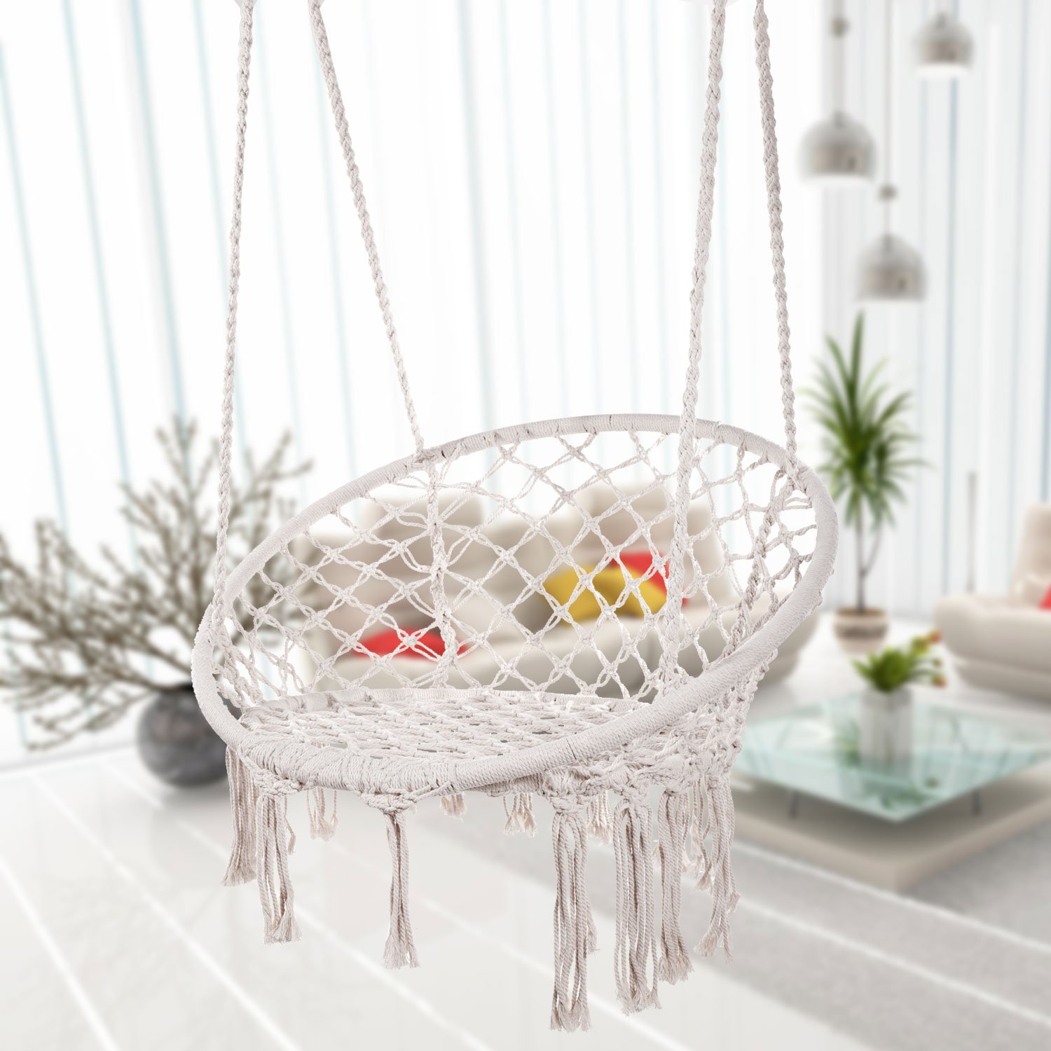 Bormart Hammock Chair Macrame Swing, Hanging Lounge Mesh Chair Durable Cotton Rope Swing for Bedroom, Patio, Garden, Deck, Yard, Max Capacity 265 Lbs (White)