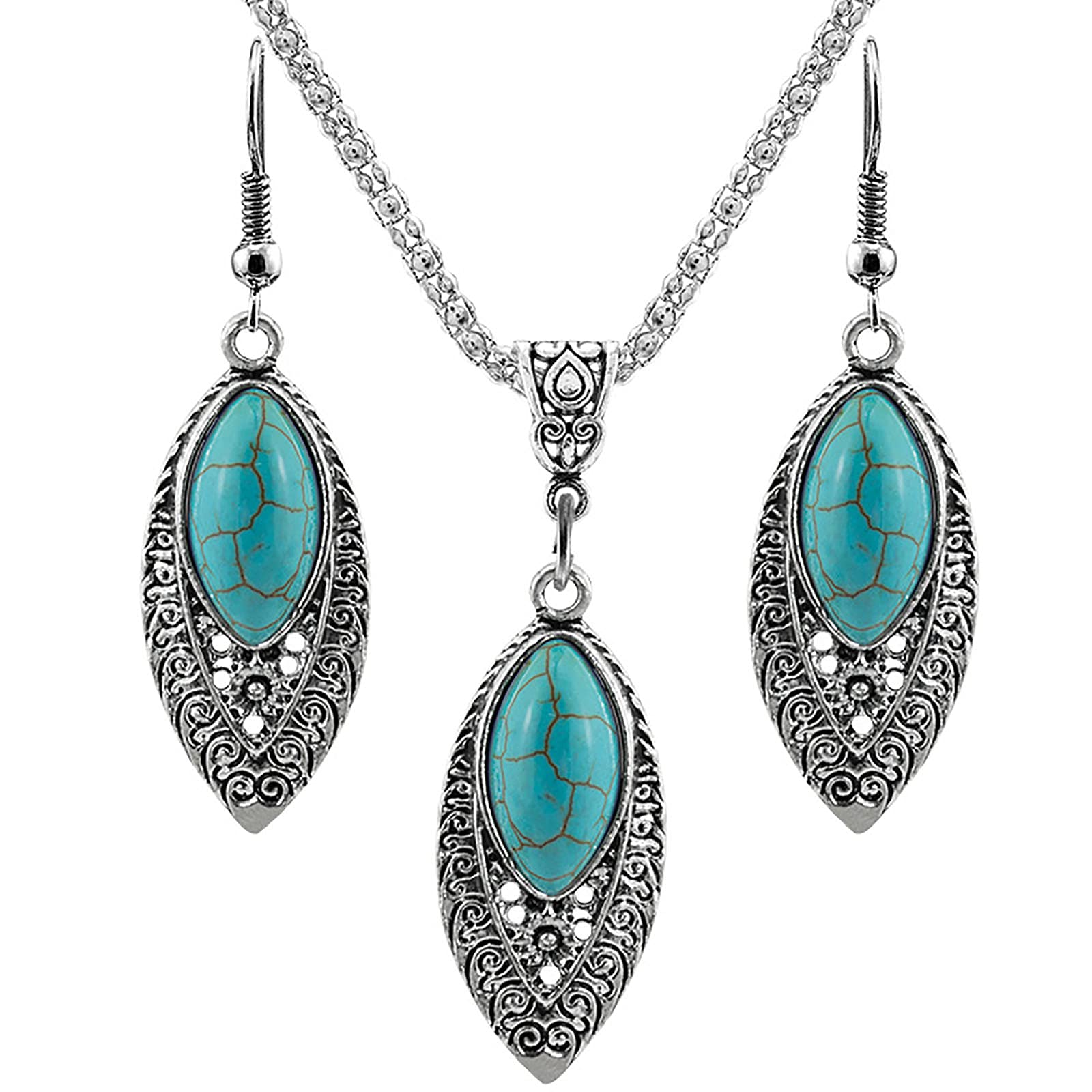 Dishowme Turquoise Necklace Earrings Set Bohemian Pendant Costume Chain Western Jewelry for Women (Blue B)