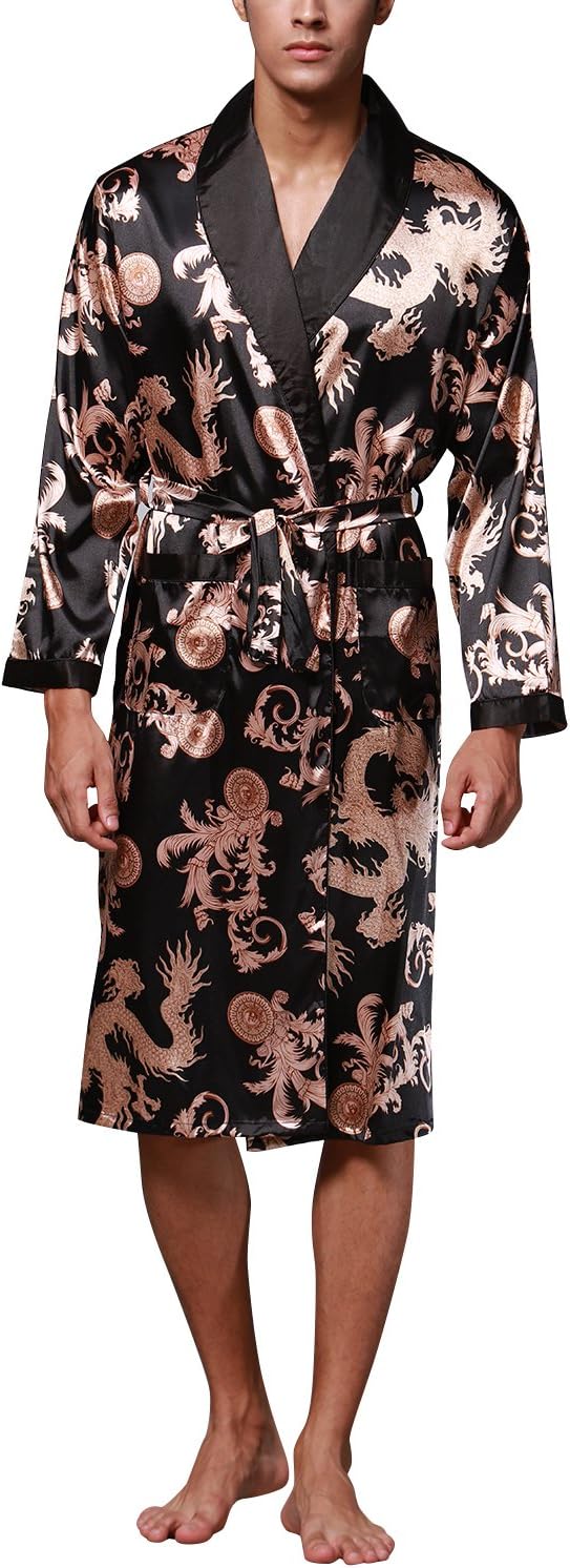 Dolamen Menโs Dressing Gown Bathrobe Satin, Silky Soft & Lightweight Luxury Menโs Kimono Dressing Gown Bath Robe Bridesmaid Housecoat Nightwear Pyjamas + Belt Pockets