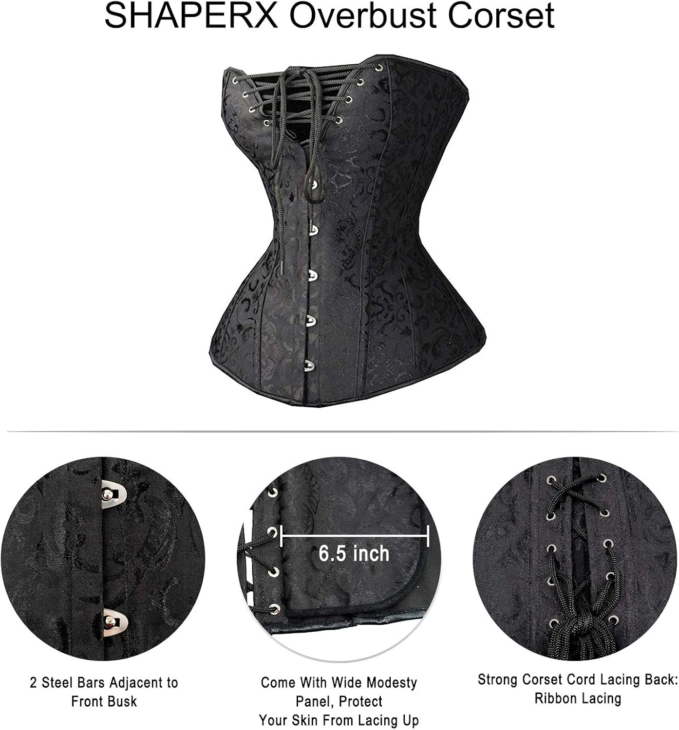 SHAPERX Women's Lace Up Boned Sexy Plus Size Overbust Corset Bustier Top with G-String: Clothing