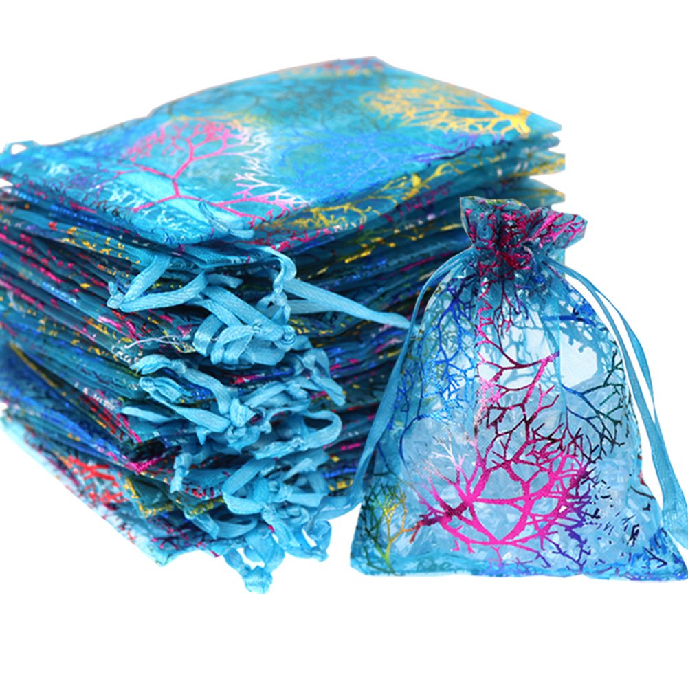 SumDirect 100Pcs 5x7 Inches Drawstring Organza Bags Jewelry Favor Pouches with Coralline Print for Gift,Wedding,Party,Festival ,Blue