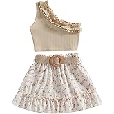 BOEBNOZCV Toddler Baby Girls Floral Outfits Ruffle Off Shoulder Crop Tops + Bowknot Denim Shorts Skirts Clothes Sets