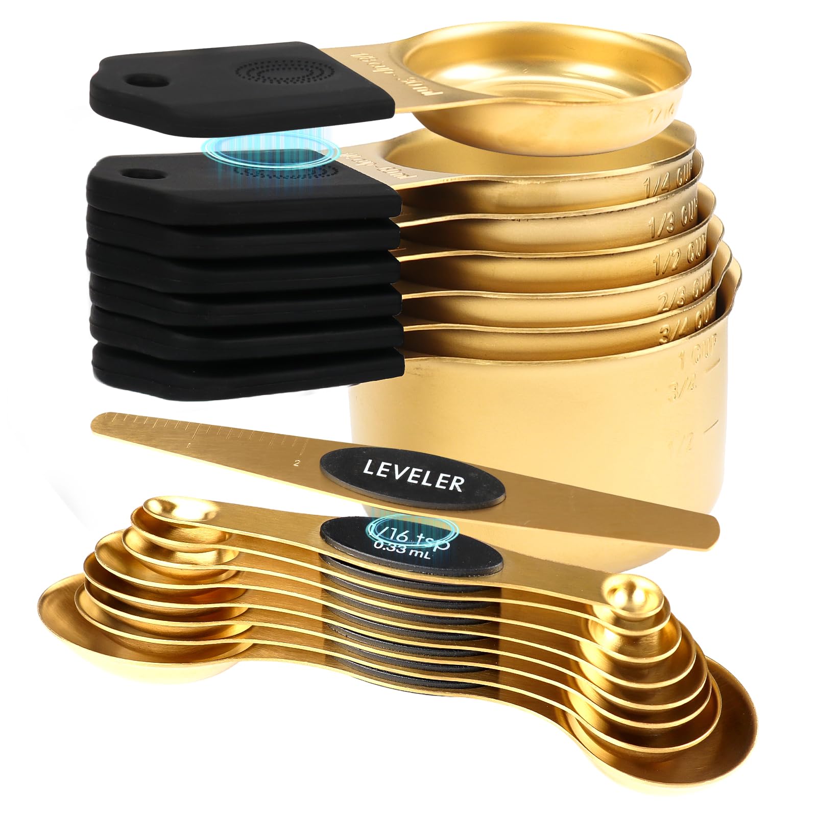 Photo 1 of 16-Piece Stainless Steel Measuring Cups and Spoons Set, Strong Magnetic Nesting Design 7 Cups 8 Spoons with Leveler, Double Measurement Markings for Dry & Liquid Ingredients, Gold