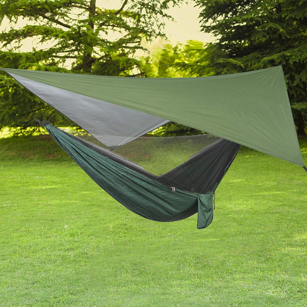 3 in 1 Camping Hammock with Zipper Mosquito Net and Tarpaulin, 300kg Load Capacity Hammocks Breathable Mosquito Net Quick Drying Parachute Tarpaulin for Camping Hiking Trip Yard (Green Tarpaulin)