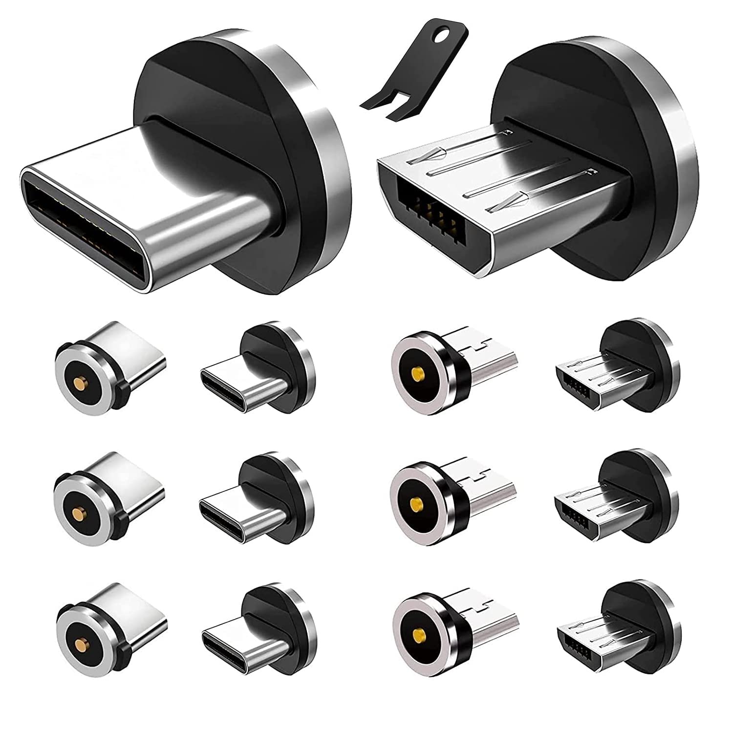 Boffdock 7Pcs Type C Magnetic Tips and 7Pcs Micro Magnetic Heads for USB Android Devices with 1 Contact Points without USB Cord & Non-Data