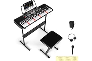 Costzon 61 Key Piano Keyboard, Electric Digital Piano with Stand & Bench, Lighted Keys, 200 Rhythms/Tones, Headphones, Microp