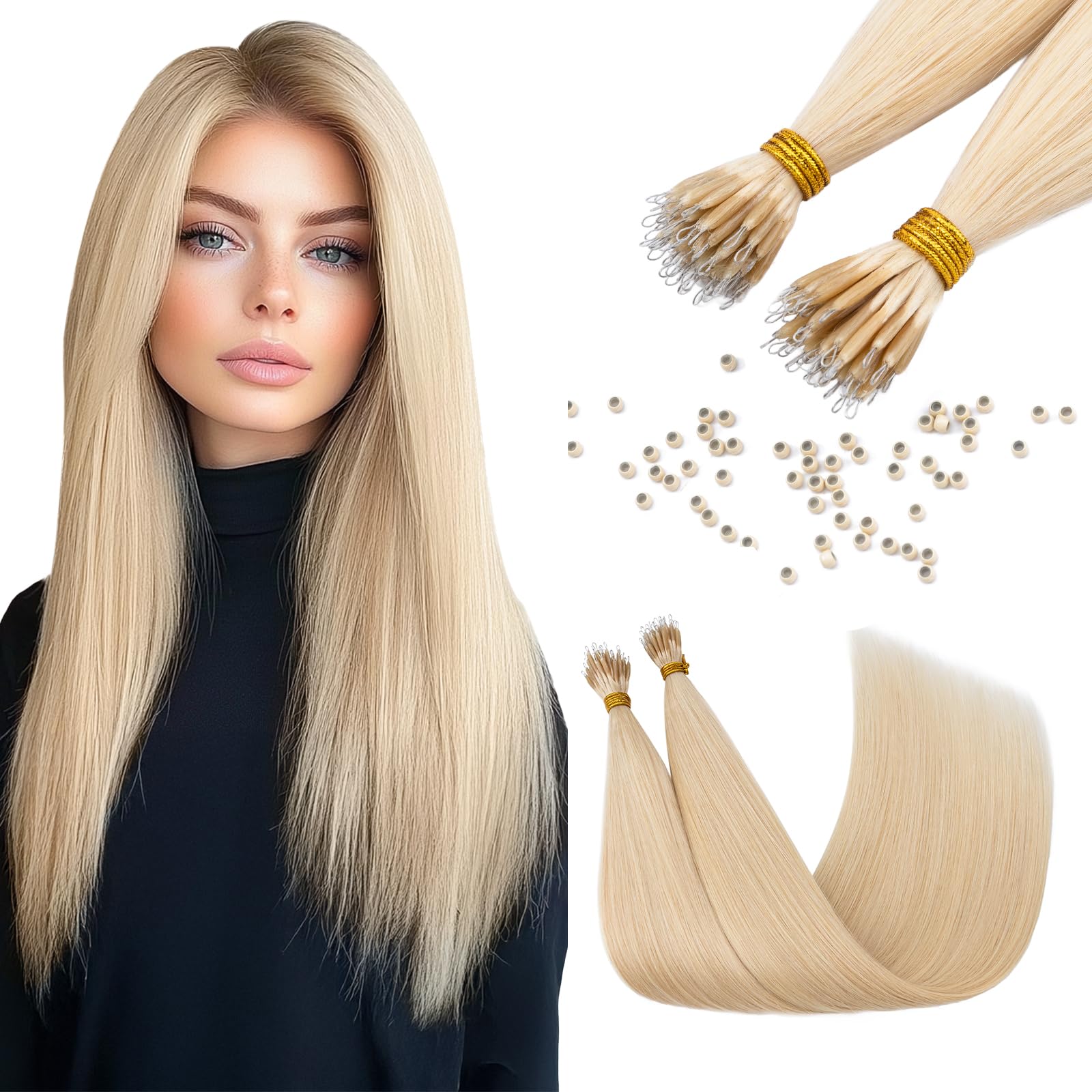Elailite Hair Extensions Real Human Hair Nano Ring Nano Beads Cold Fusion 50 Strands 35g Straight （#613 Bleach Blonde, 22 Inch) — image 1