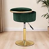 LITZFUR Adjustable Vanity Stool with Storage, 360° Swivel Gold Chair, Velvet Small Round Ottoman Footrest for Bathroom, Makeup Room, Green