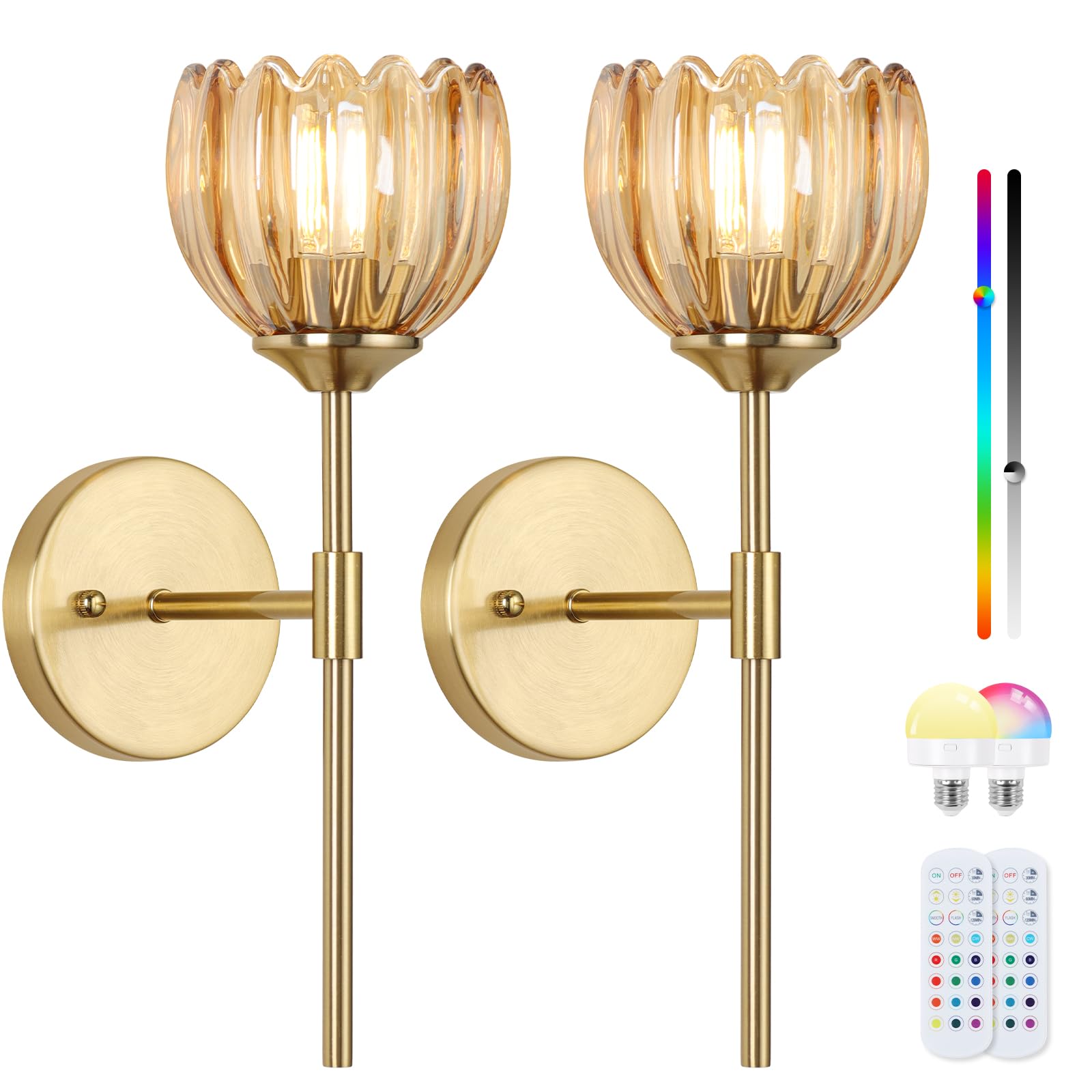 Photo 1 of Rnzziw Vintage Battery Operated Wall Sconce Set of Two,Rechargeable Wall Lights with RGB Dimmable Detachable Bulbs and Remote,12 Colors Wireless Wall Lamps for Bedroom Living Room Hallway (Amber)