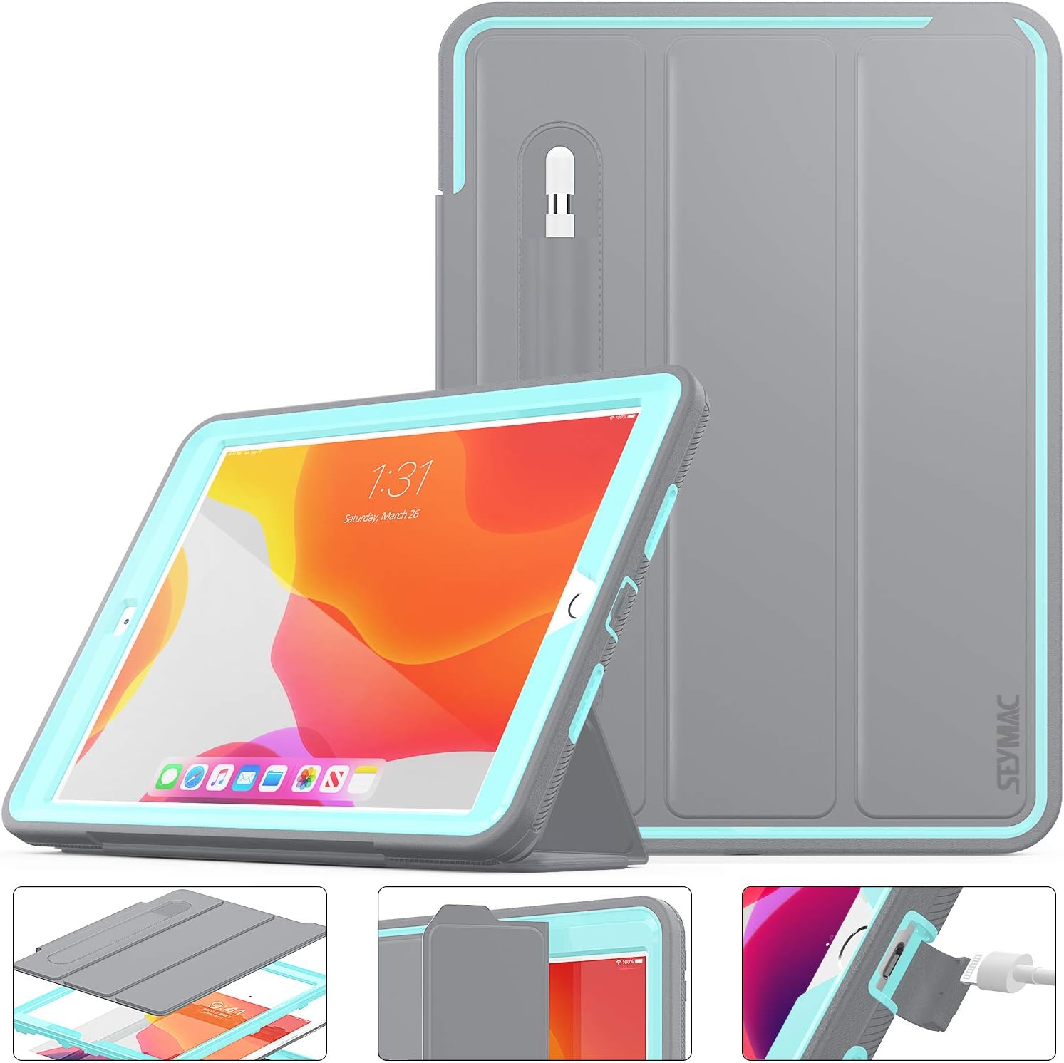 iPad 8th/7th Generation Case, New iPad 10.2 Inch 2020/2019 Case Smart Magnetic Auto Sleep / Wake Cover Hybrid Leather with Stand Feature for New iPad 10.2 Release (Gray/SkyBlue)