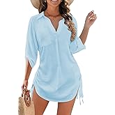 joyliveCY Swimsuit Cover ups for Women, Drawstring Bathing Suit Bikini Cover Up for Women, Sexy V neck Beachwear Shirt Dress, Summer Beach Outfits (Light Blue, 2X-Large)