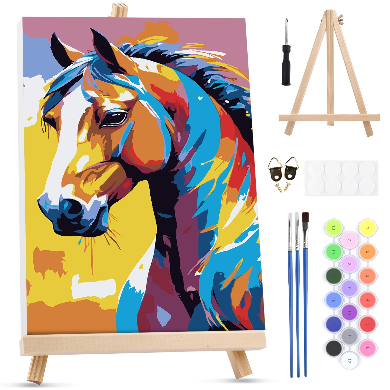 MXJSUA Horse Paint by Numbers Kit with Frame for Adults, Animal Easy Beginners Paint by Number on Canvas with Easel, Acrylic Number Painting Craft Gifts for Home Decor, 20x30cm