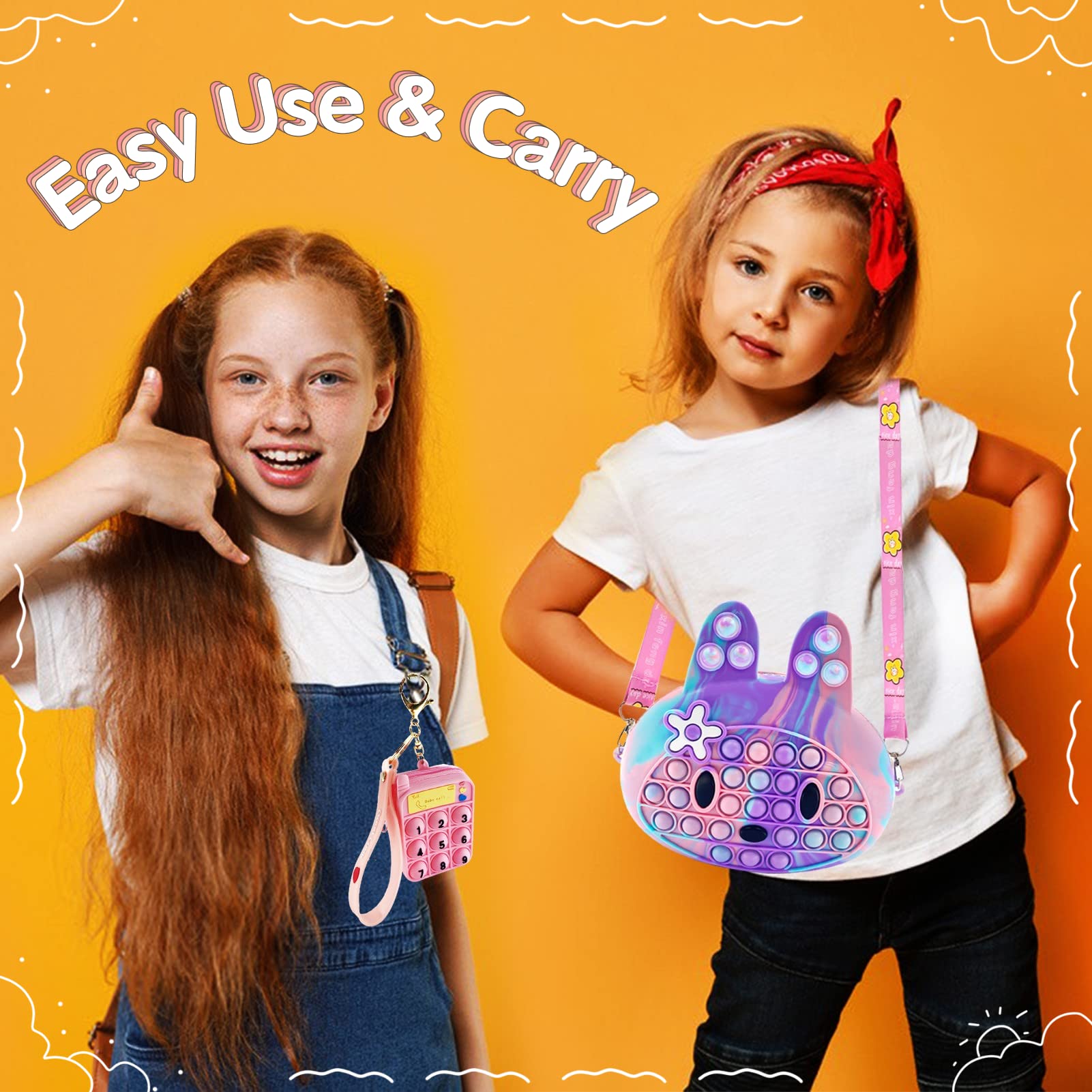 Exun Pop Crossbody Purse Bags Fidget Toy Pack, Bunny Shoulder Bag Mini Sensory Toys, 3 4 5 6 7 8 9 10 Year Old Birthday Party Gift for Girls Kids, Easter Valentine Christmas Stocking Stuffers