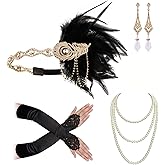 Cizoe 1920s Gatsby Accessories Set for Women Flapper Headband 20s Headpiece Necklace Gloves(db)