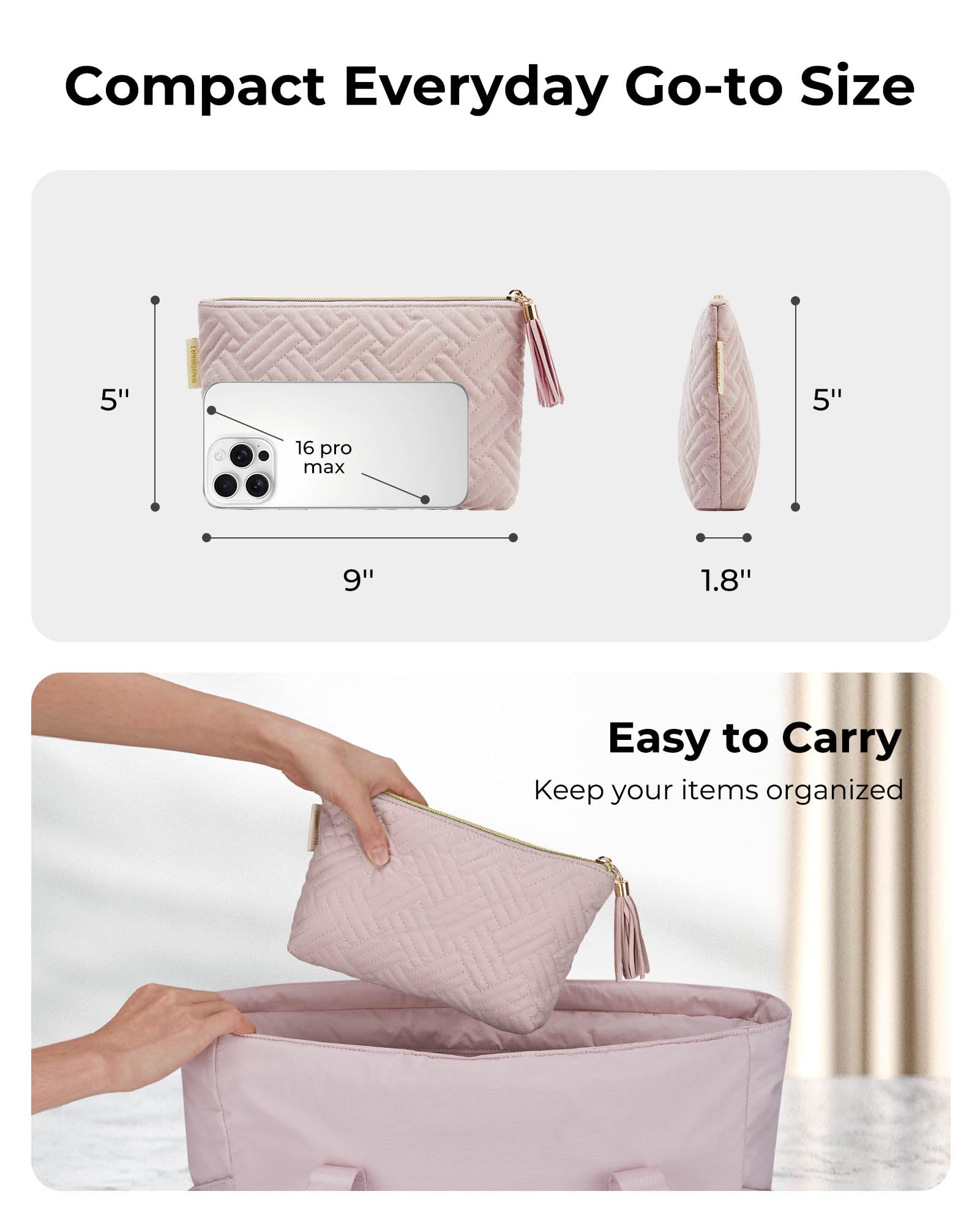 BAGSMART Small Cosmetic Bag, Elegant Roomy Makeup Bags,lipstick pouch,Zipper Pouch,Great Gifts for Women,Travel Waterproof Toiletry Bag Accessories Organizer Gifts (Pink-1 pcs)