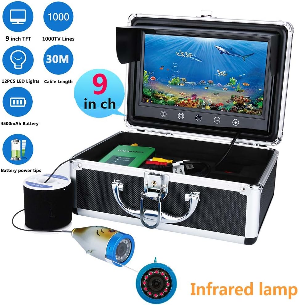 ENNIO 30M 9" Inch 1000tvl Underwater Fishing Video Camera Kit IR 12 PCS LED Infrared Lamp Lights Video Fish Finder Lake Under Water fish cam