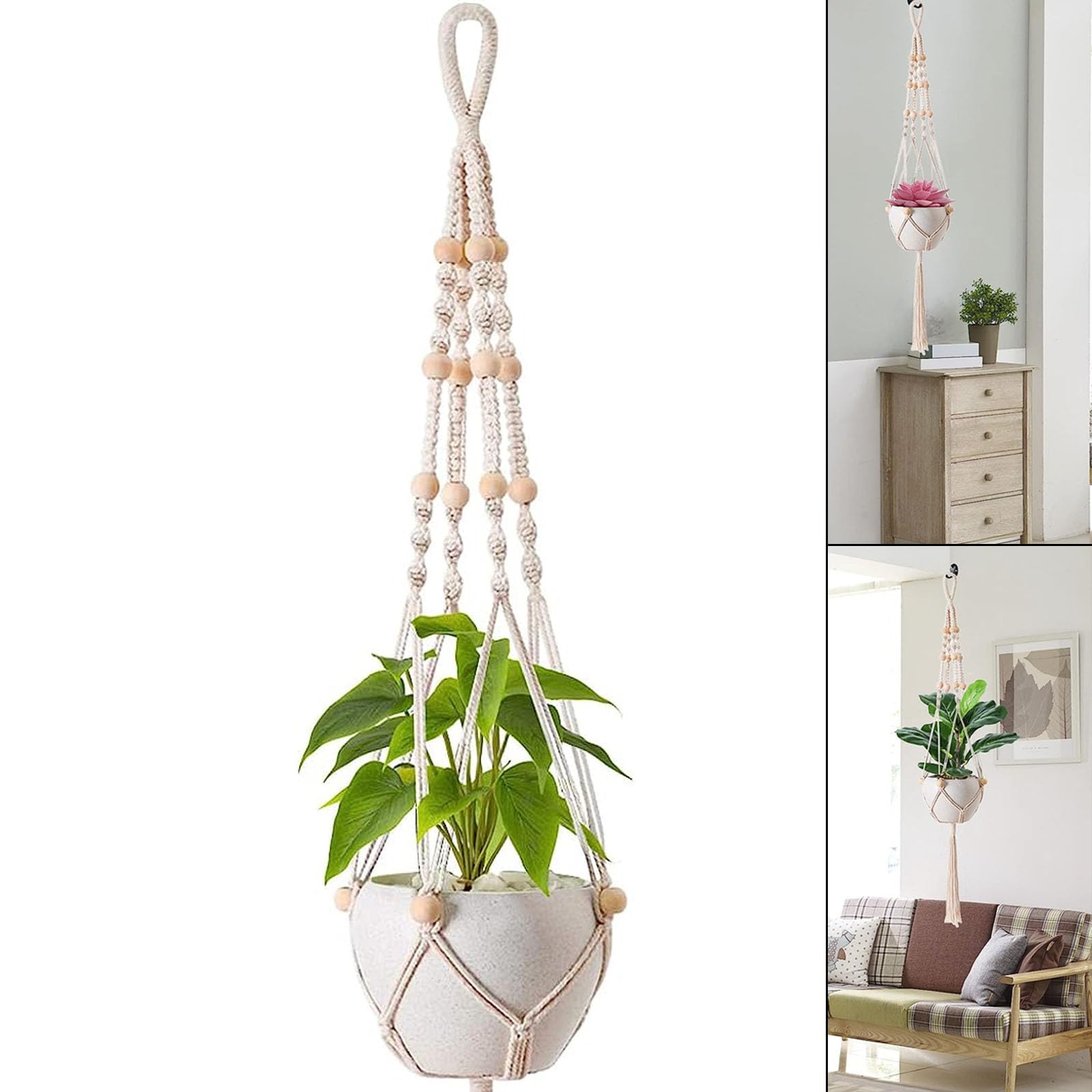 SVUPUE Plant Hangers, Macrame Plant Hanger, Indoor Hanging Planter Basket, Flower Pot Holder Cotton Rope, 100cm with Beads Tassels for Indoor Outdoor, Wall Hanging Plants, Office, Home Decoration