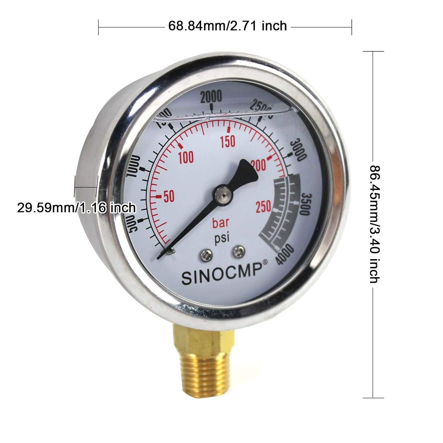 Hydraulic Pressure Gauge - SINOCMP 25Mpa/0-250Bar/0-4000PSI Economical Multi Purpose Double Scale Stainless Steel Glycerin Filled Gauge - Image 3