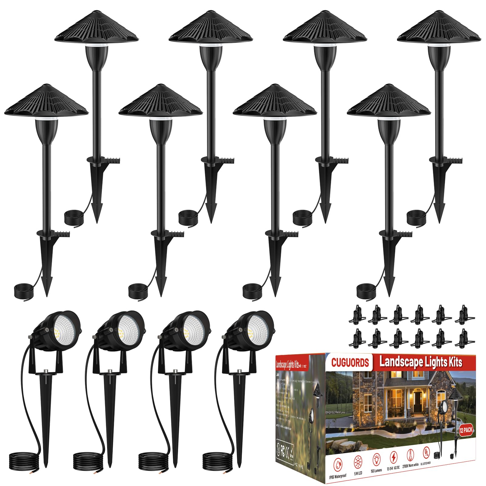 Photo 1 of Cuguords,LED Landscape Lighting Kit,LED Low Voltage Pathway Lights,AC/DC 12-24V UL Listed Cord Waterproof,Outdoor Wired Landscape Light Sets,Outdoor Path Lights for Walkway Yard Garden (12 Pack)