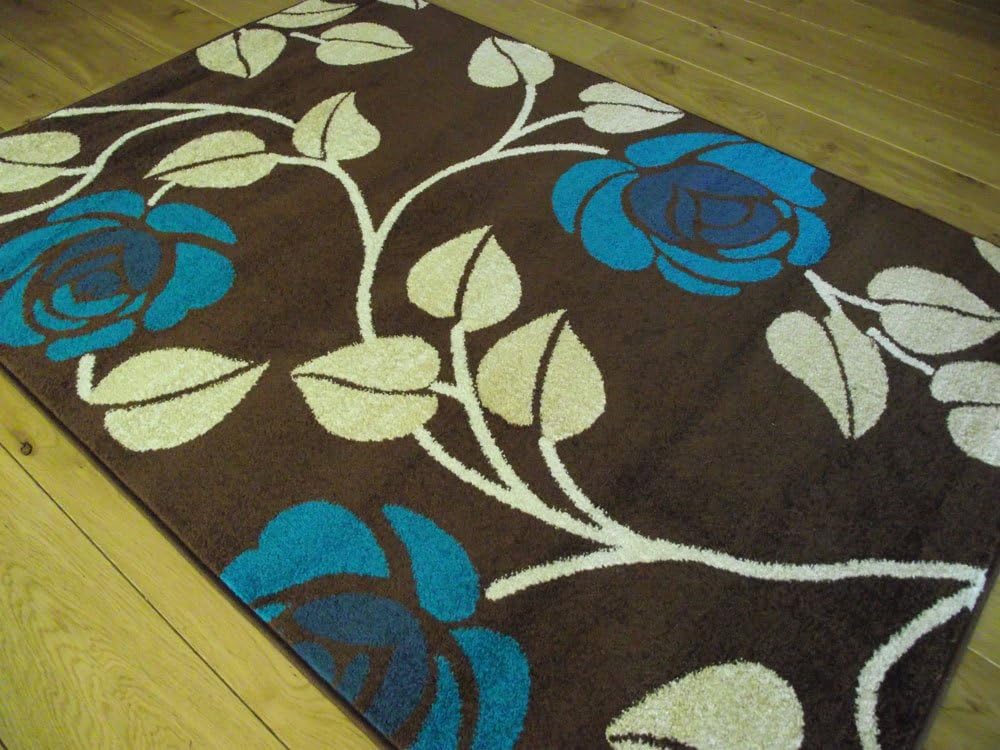 Amazon Com Modern Chocolate Brown Teal Blue And Beige Floral Quality Rugs 5 Sizes Available 120cm X 170cm Kitchen Dining