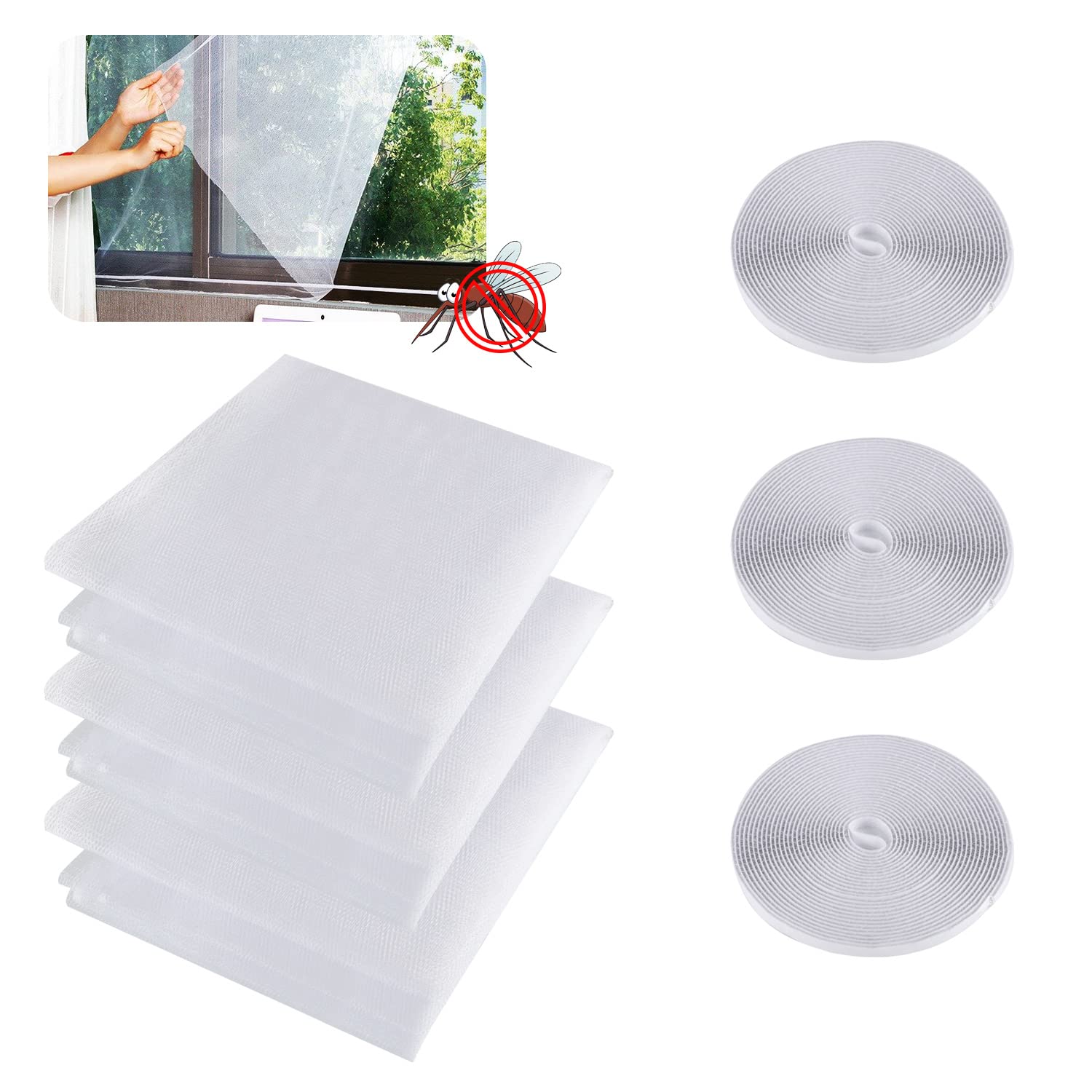 kuou 3 Packs Fly Screen for Window, Self-Adhesive Mosquito Net for Windows, 1.3 x 1.5m Window Screen Mesh Window Net to Keep Bugs and Flies Out with 3 Rolls Tapes (White)