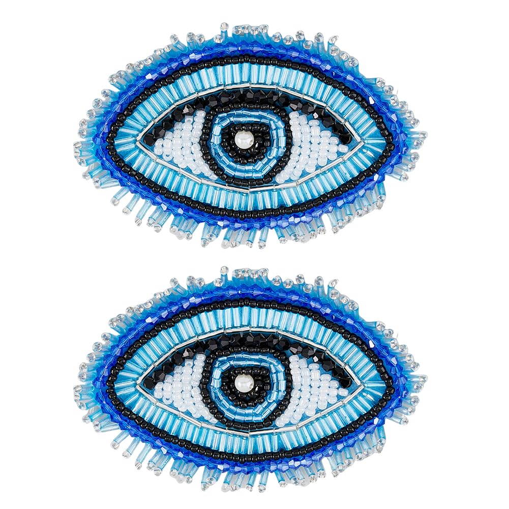 SUPERFINDINGS 2Pc Eye Beaded Patches Deep Sky Blue Sew on Tassel Beaded Patches Evil Eye Appliques with Felt Base for Vintage Sewing Skirt Costume Gown 62x95x6mm