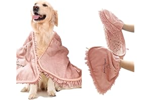 Patas Lague Absorbent Dog Towel, Extra Large 35''x15'' Quick Drying Dog Bath Towel with Hand Pockets, Microfiber Shammy Pet Towel for Dog and Cat, Machine Washable (Pink)