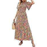 Am Direct Women's Boho Floral Maxi Dress Vacaton Style Flutter Sleeve High Waist Flowy Layel Hem A-Line Pastoralism Dress