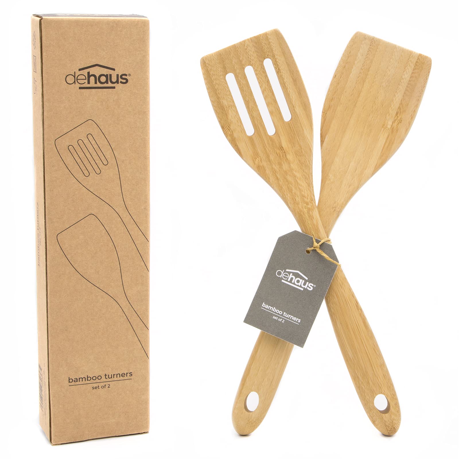 Dehaus® Premium Bamboo Fish Slice & Turner - Set of 2 - Luxury Wooden Kitchen Utensils - Slotted Turner & Flipper Utensil Accessories - Wood Cooking Tools for Non Stick Pan or Wok - Mini Starter Sets