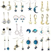 Svovin 16 Pairs Moon Star Earrings for Women Dangle Earth Planet Asymmetrical Drop Earrings Astronaut Spaceman Stud Earrings Jewelry