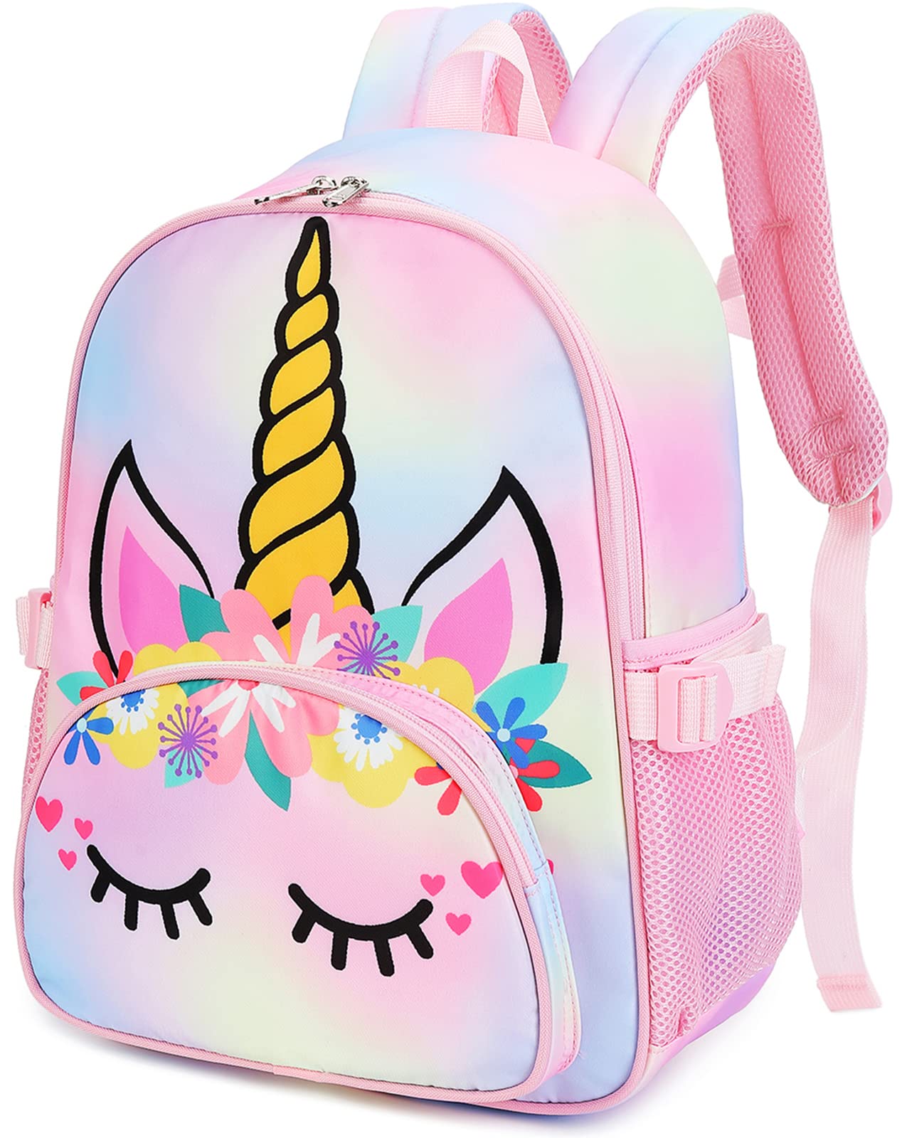 Kids Backpack Girls School Backpack Preschool Kindergarten Unicorn Toddler BookBag with Chest Clip (Tie Dye headband)