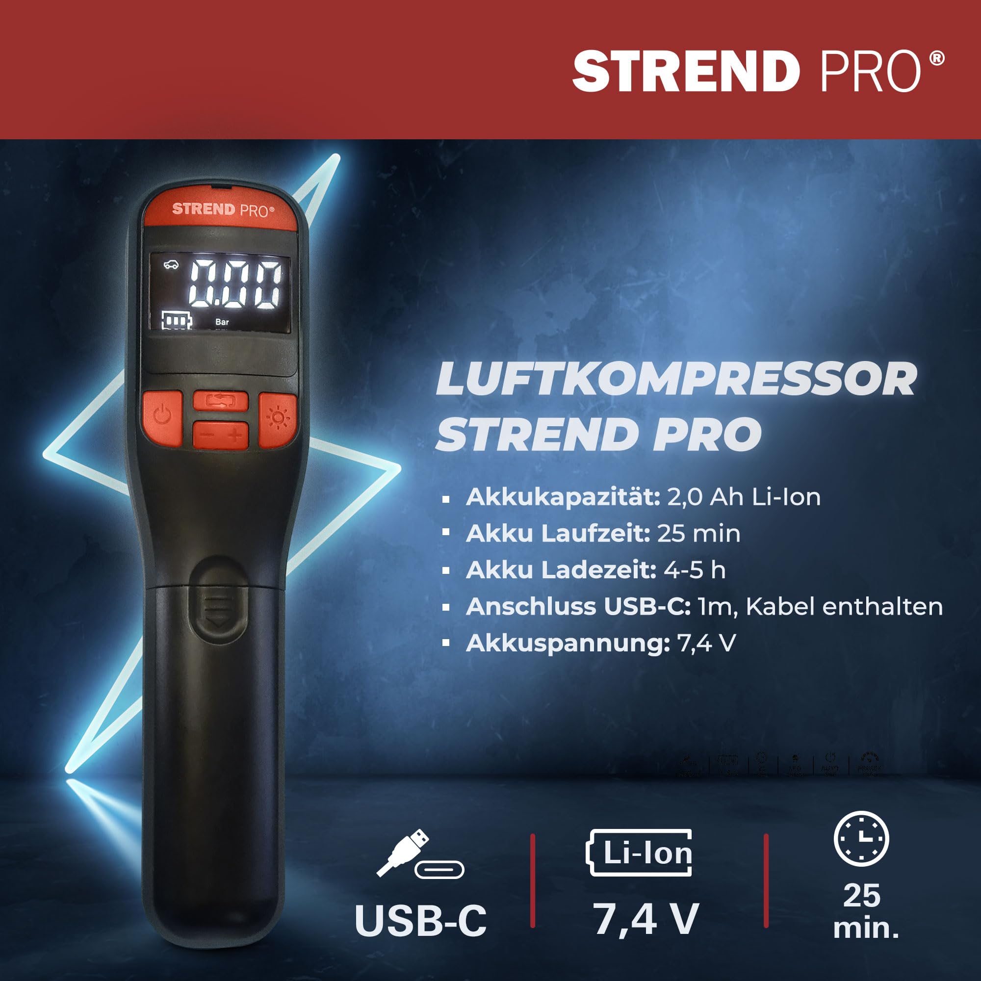 STREND PRO Mini Kompressor 10Bar | Akku Luftpumpe Auto 150PSI | LED | AUTOSTOP | Mobiler Mehrzweckkompressor - Fahrrad Pumpe, Autoreifen Akku Kompressor tragbar, Elektrische Ballpumpe | Luftkompressor 4