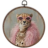 XBBMGG Retro Cheetah Wall Art Decor, Funky Maximalist Pink Cheetah Sunglasses Round Wall Hanging Decor, Preppy Leopard Animal Framed Canvas Prints for Girly Room Bedroom Dorm Decorations,10x10inch