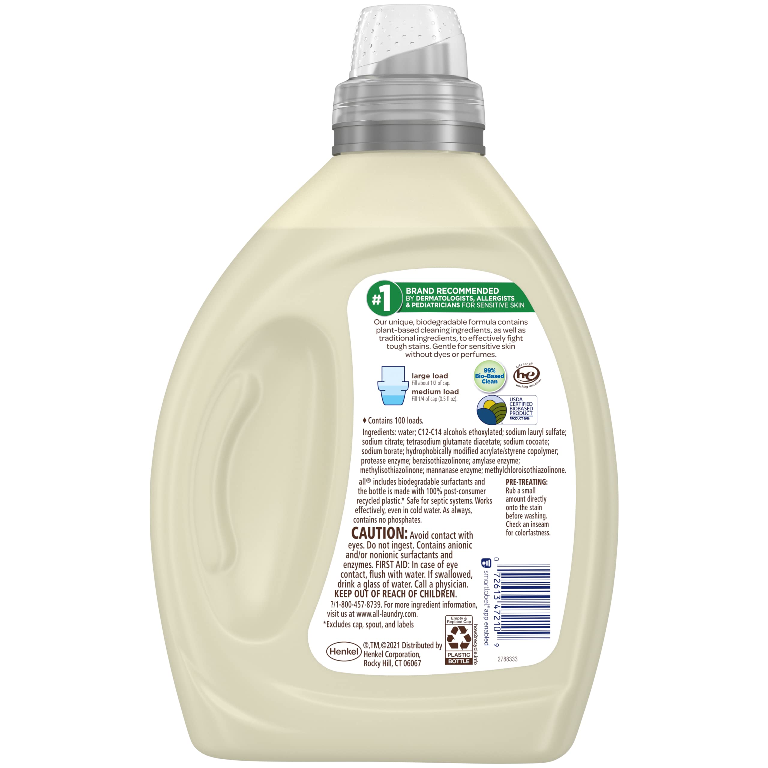 all Laundry Detergent Liquid, Free Clear Eco, Plant-Based Clean, Ultra-Concentrated, 100 Loads