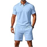 WDIRARA Men's 2 Piece Outfit Short Sleeve Collar Golf Shirt Drawstring Shorts Set Workout Athletic Tracksuit