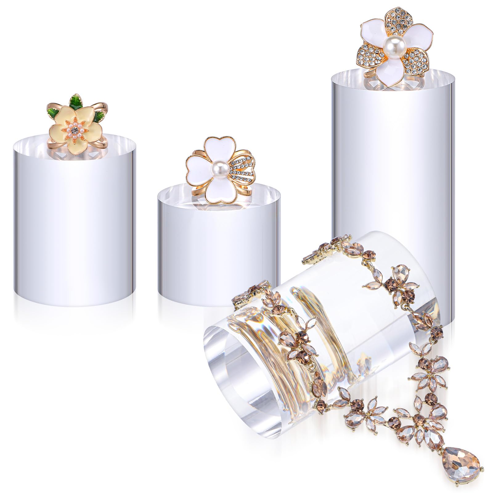 Photo 1 of 4PCS Acrylic Blocks for Display, 1.5/2.3/3.1/3.9 Inch Clear Polished Acrylic Pedestal Stand, Solid Cube Cylinder Round Photography Props Pedestal Stands for Displaying Ring Jewelry Cosmetics Crafts